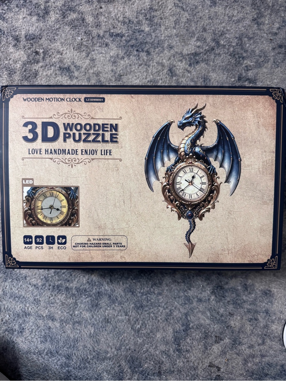 3D Wooden Dragon Clock Puzzle - Blue and Gold